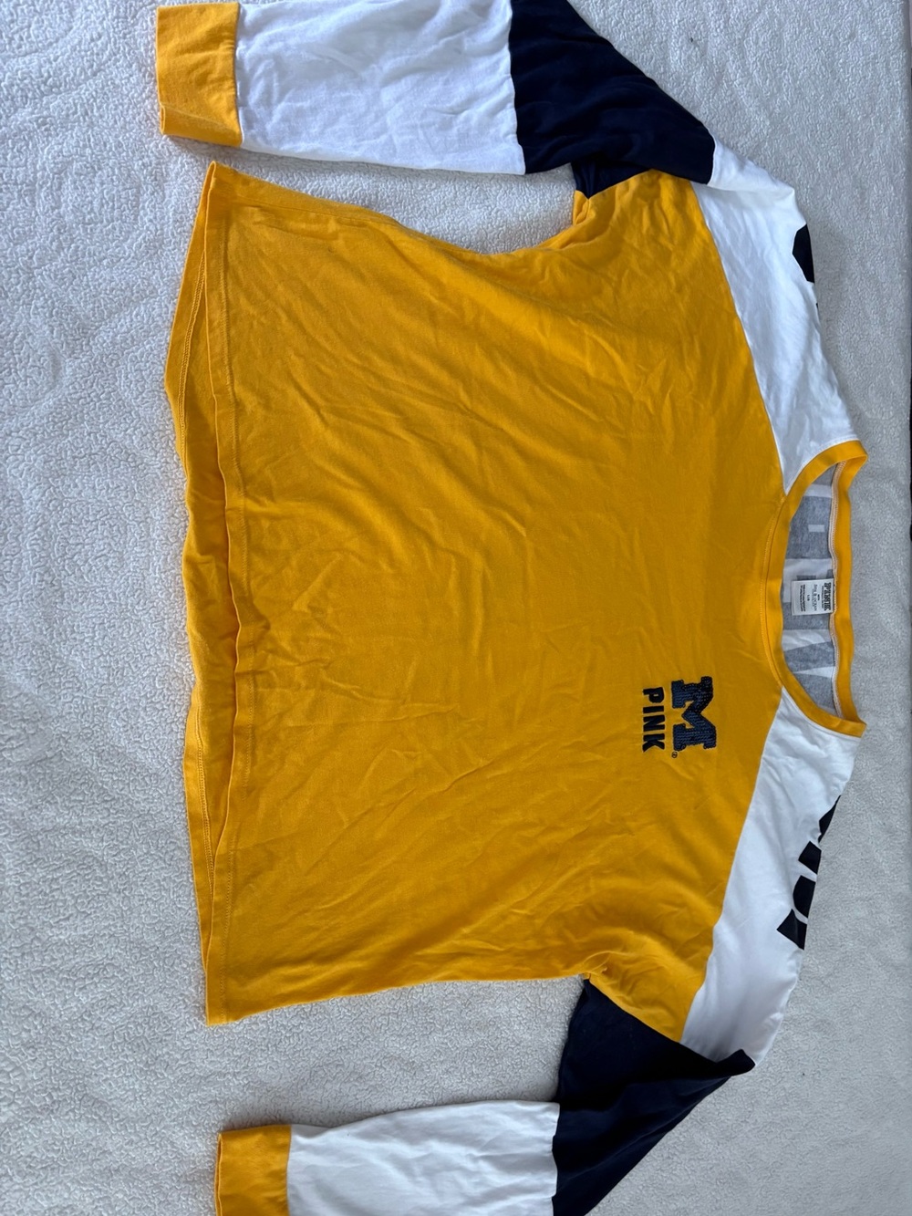 PINK Victoria's Secret Yellow White and Navy Colorblock Long Sleeve Tee
